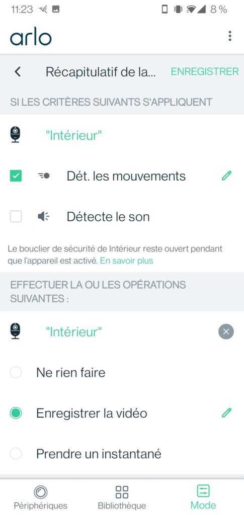 Arlo TEST du kit de sécurité/surveillance (Caméra Ultra 2, Indoor et Sonnette) 13 Arlo Essential Indoor Camera Applition Mode Preference