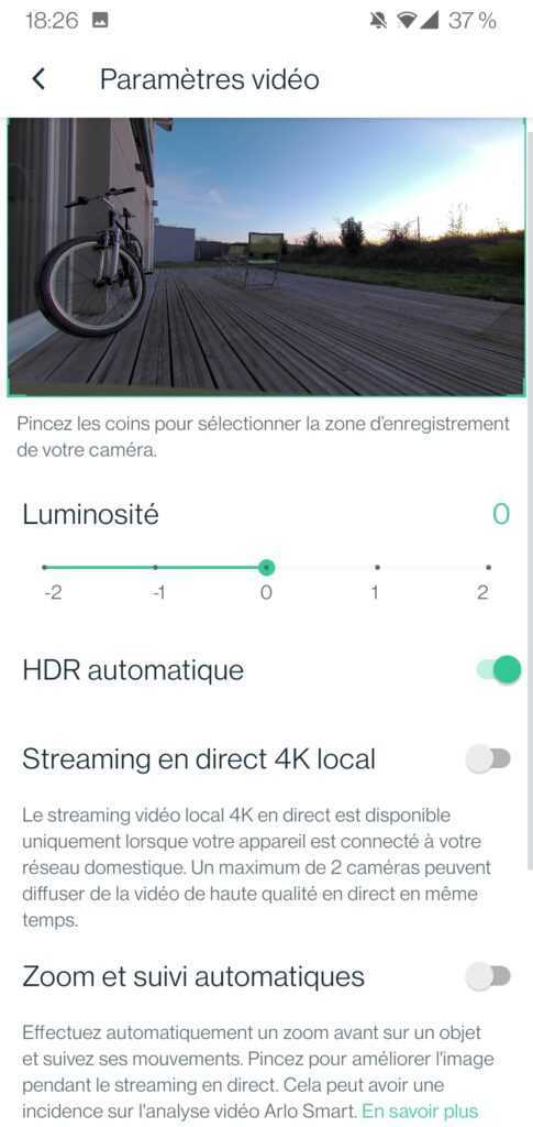 Arlo TEST du kit de sécurité/surveillance (Caméra Ultra 2, Indoor et Sonnette) 73 Arlo Ultra 2 Application Paramètre Video