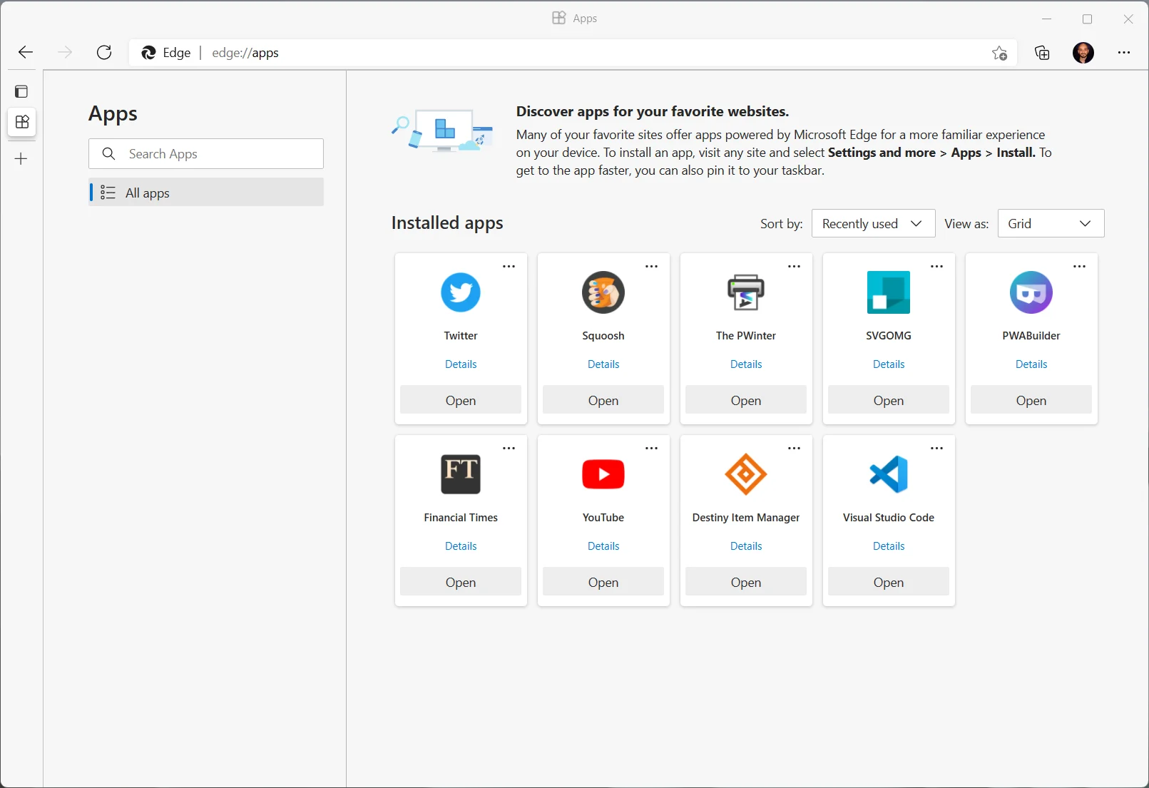 Edge 96 lance un nouveau hub pour les applications Web progressives 2 Le nouveau menu PWA dans Edge 96