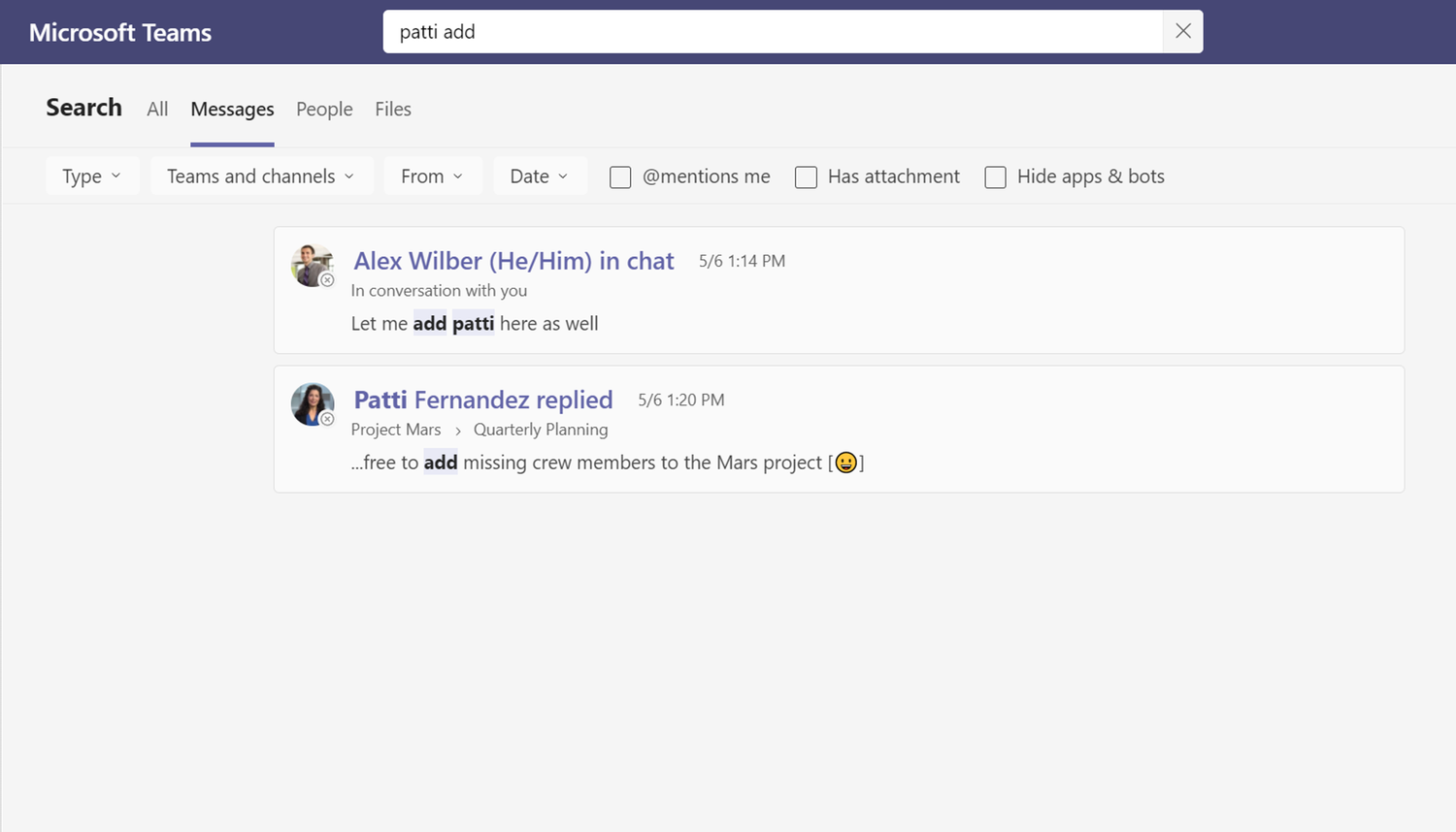 La recherche Microsoft Teams reçoit une mise à jour majeure 4 Page de messages dans la recherche d'équipes