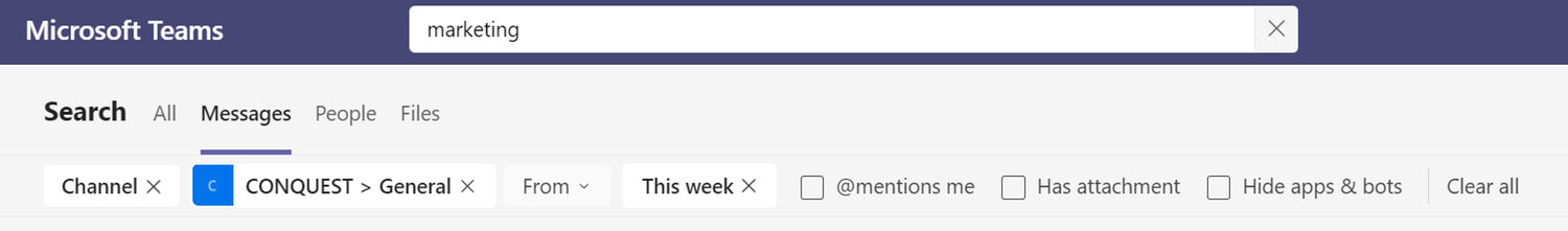 La recherche Microsoft Teams reçoit une mise à jour majeure 8 Filtres sur la page Messages de la recherche Teams