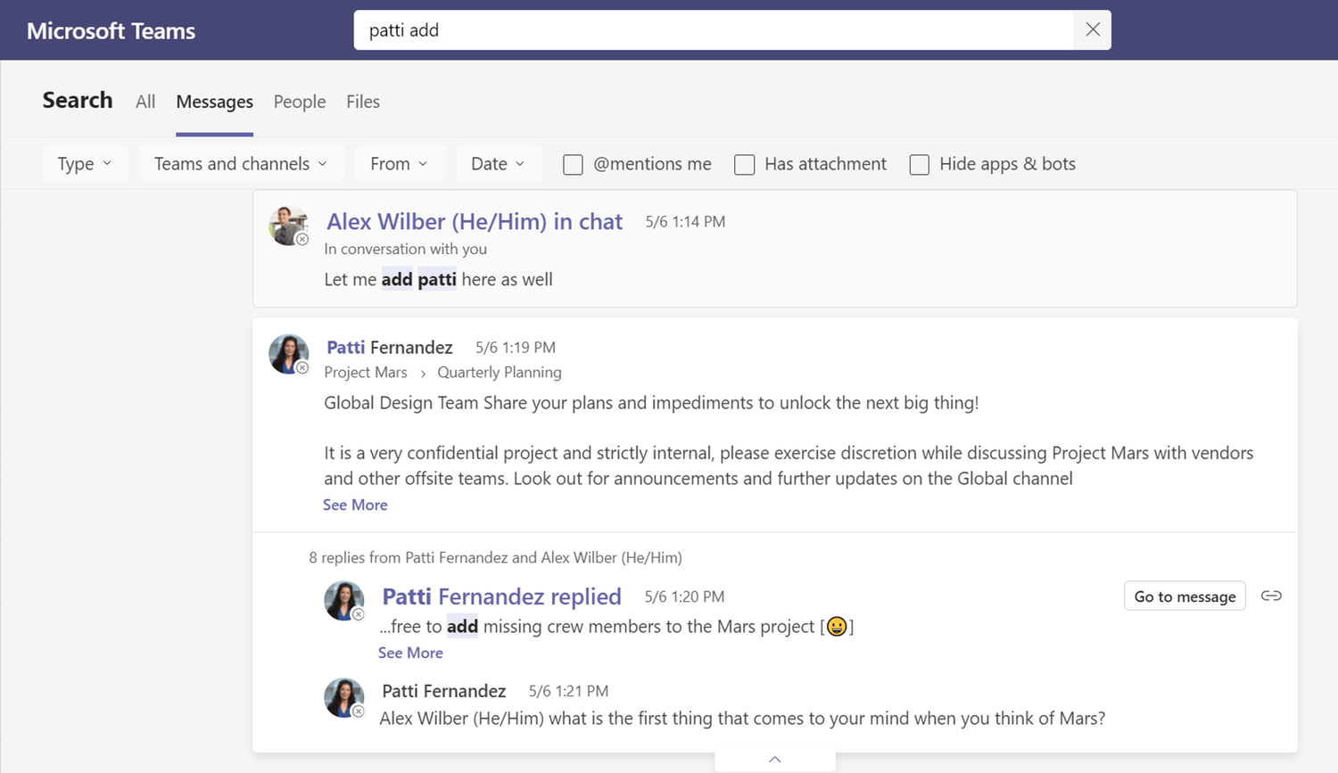 La recherche Microsoft Teams reçoit une mise à jour majeure 5 Extrait de message dans la recherche de messages Teams
