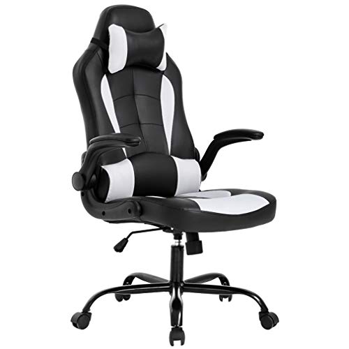 BestOffice PC Gaming Chair Chaise de bureau ergonomique Chaise de bureau avec soutien lombaire Bras rabattables Appui-tête en cuir PU Executive Chaise d'ordinateur à dossier haut pour adultes Femmes Hommes (Blanc)