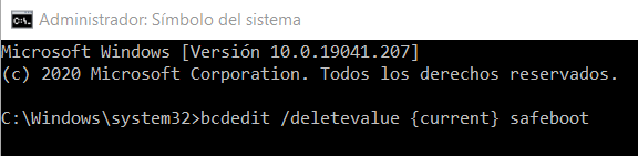 Commande Windows 10 pour quitter le mode sans échec et revenir au démarrage standard