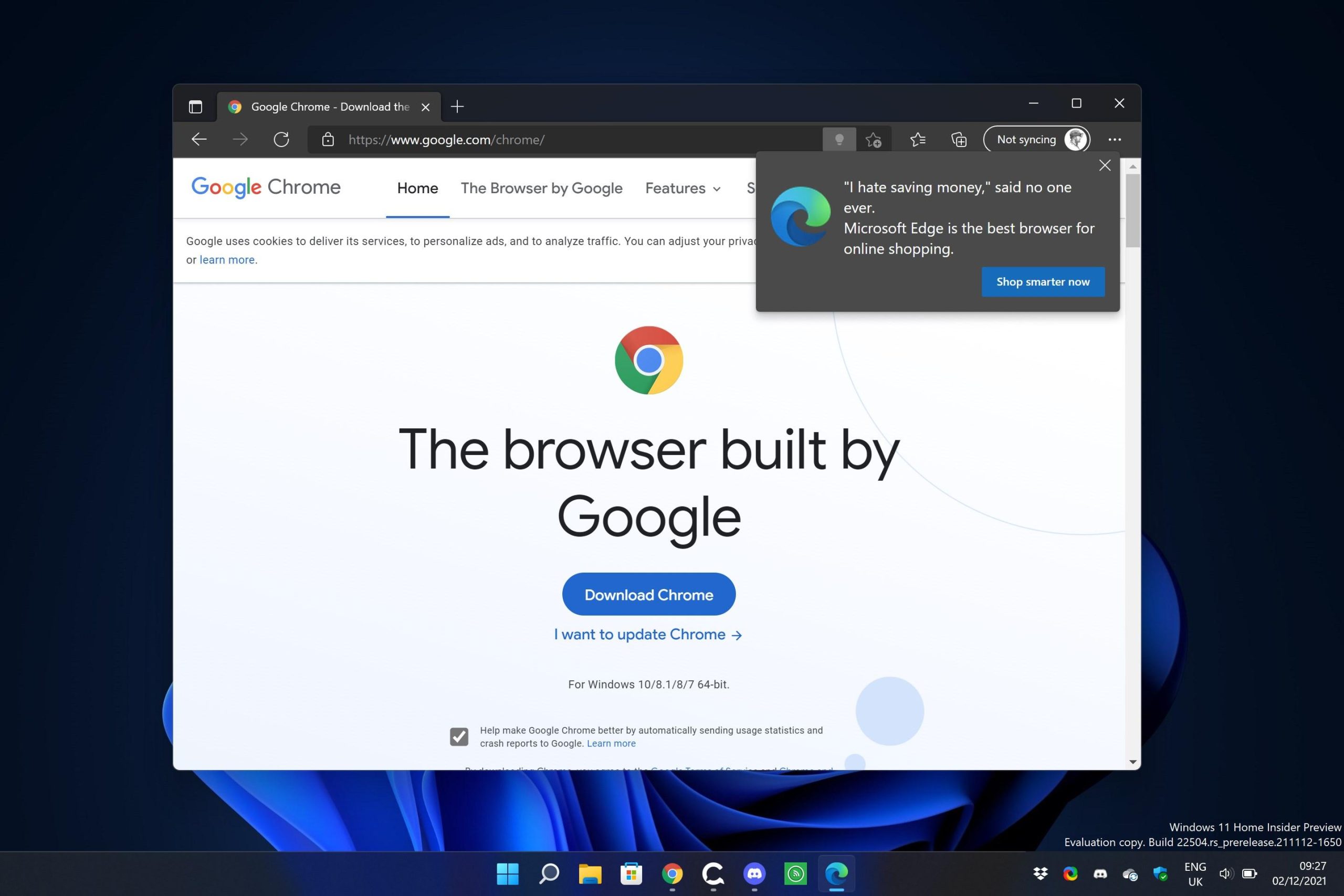 De nouveaux avis dans Microsoft Edge tentent d'empêcher les gens de télécharger Chrome 2 Un avertissement de Microsoft Edge, pour vous empêcher de télécharger Chrome.