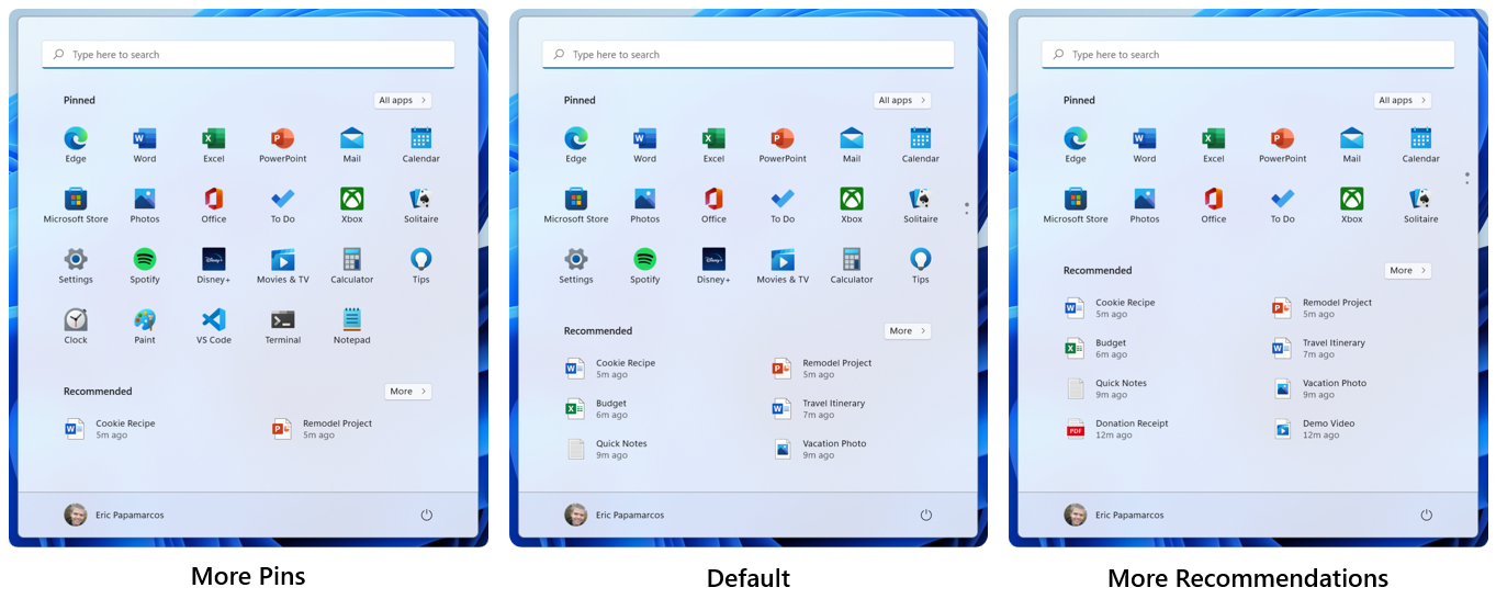 Nouvelles options du menu Démarrer
