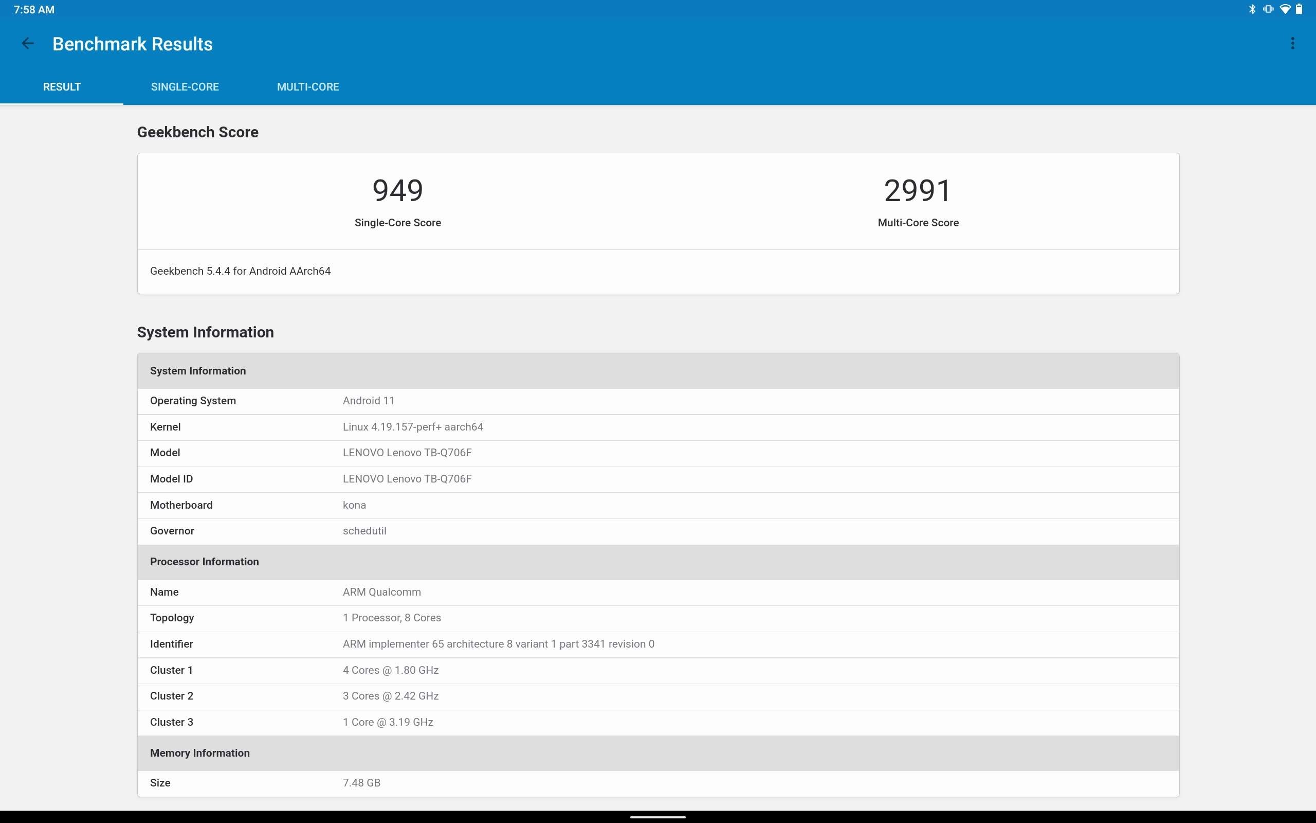 Test de la Lenovo Tab P12 Pro : belle et solide tablette pour les loisirs et le travail 11 Résultat de Geekbench. (Capture d'écran)