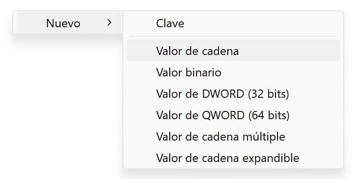Menu contextuel pour créer des valeurs dans l'éditeur de registre