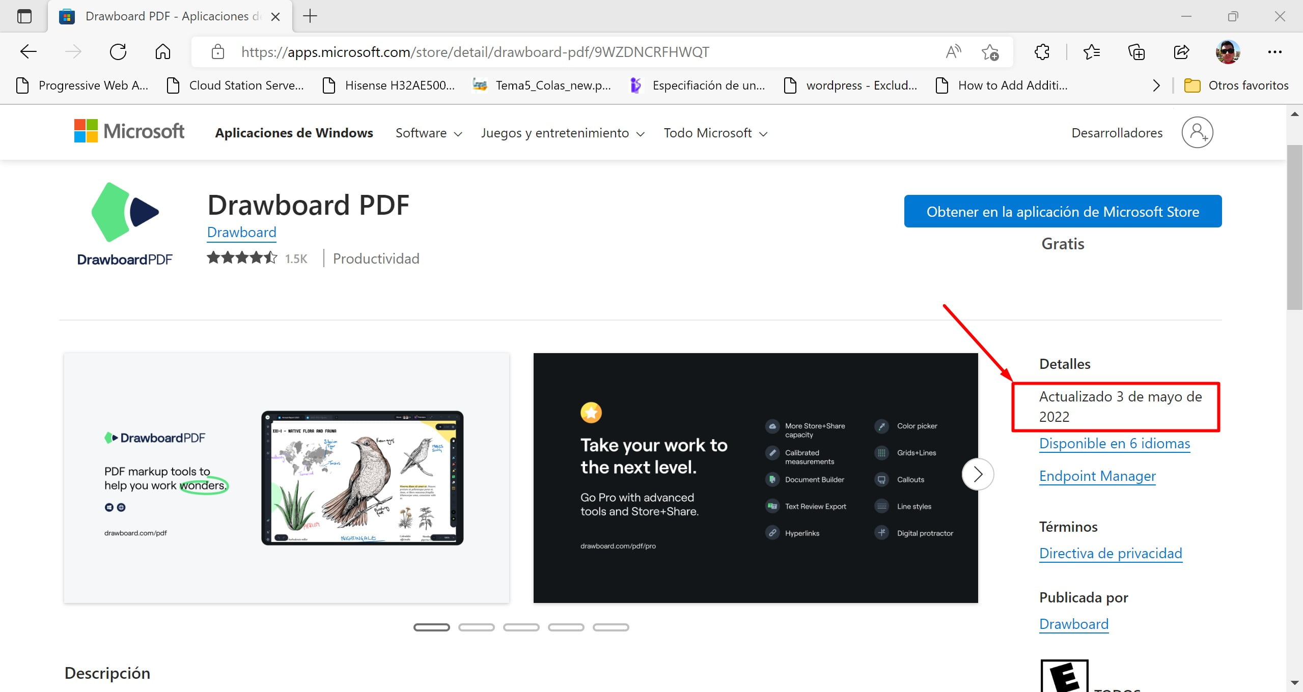 Le Microsoft Store (sur le web) récupère la date de mise à jour des applications 2 Microsoft Store sur le Web affichant la date de la dernière mise à jour de Drawboard PDF