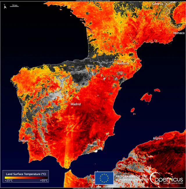 Ces images satellites montrent l'impact dévastateur du changement climatique sur l'Europe 3 Température extrême en Espagne : + 53°C au niveau du sol. 1 crédit