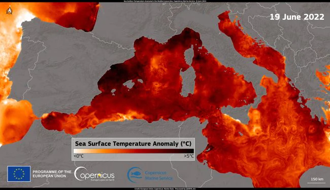 Ces images satellites montrent l'impact dévastateur du changement climatique sur l'Europe 2 Anomalie de la température de surface de la mer Méditerranée, + 5°C par rapport à la moyenne. 1 crédit