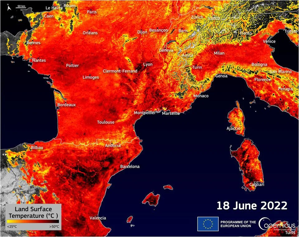 Ces images satellites montrent l'impact dévastateur du changement climatique sur l'Europe 4 La France, l'Espagne et l'Italie en proie à la canicule. 1 crédit