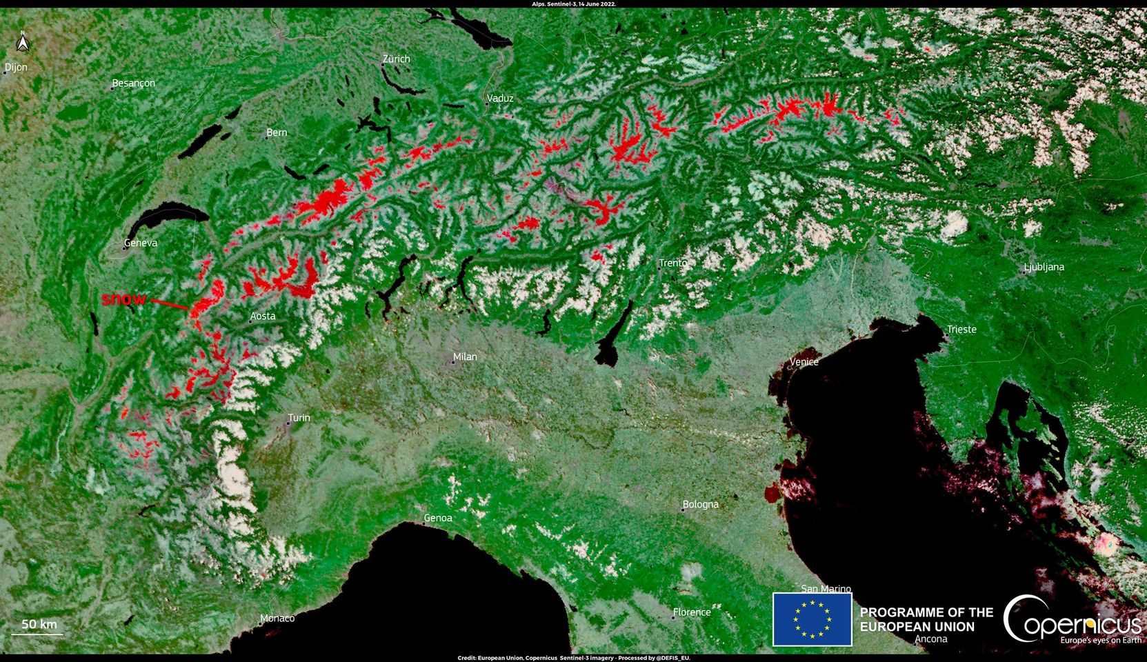 Ces images satellites montrent l'impact dévastateur du changement climatique sur l'Europe 5 En rouge la couverture de neige sur l'Italie. 1 crédit