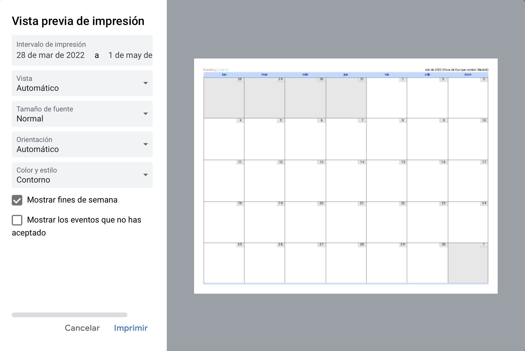 Voici comment imprimer un calendrier de Google Calendar 6 Capture d'écran de l'impression du calendrier