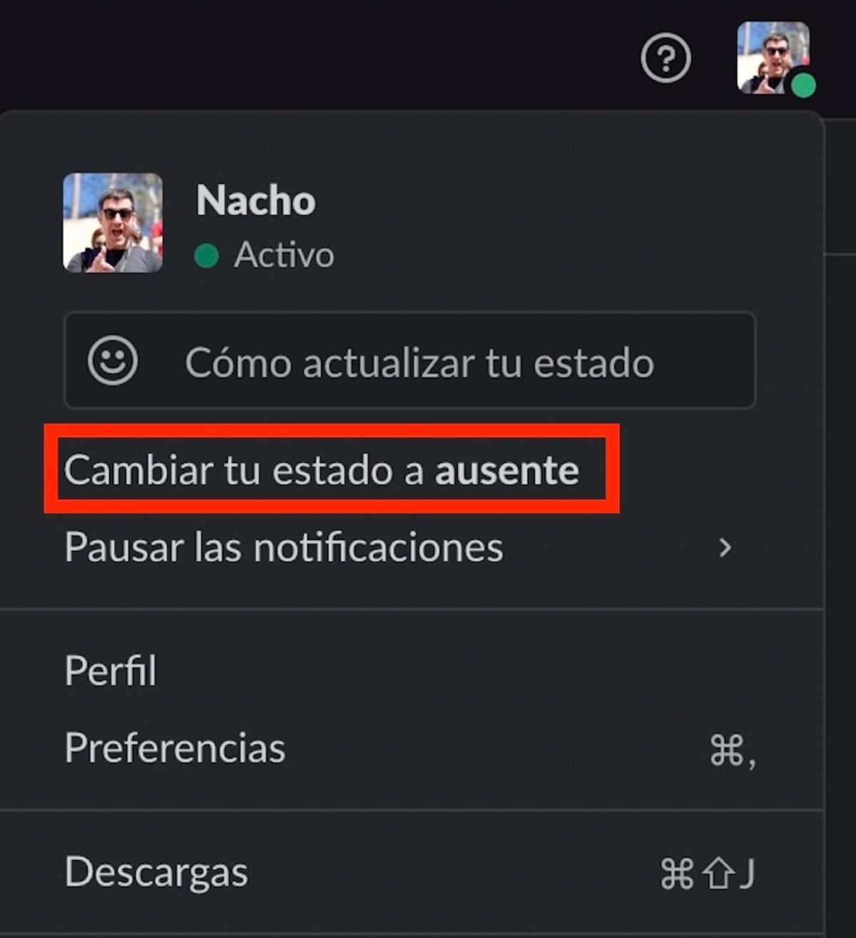 Capture d'écran de la disponibilité sur Slack