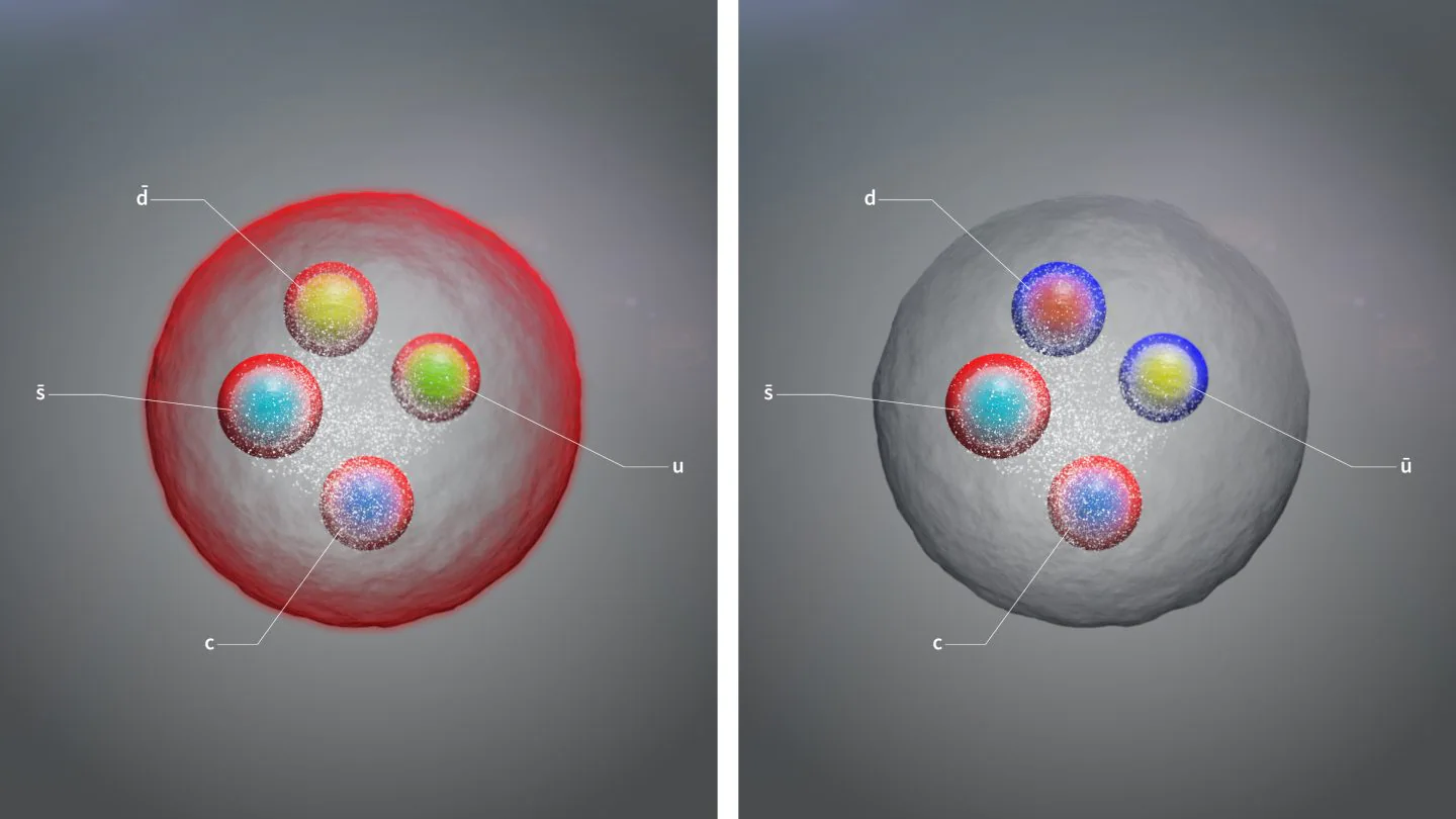 Les deux nouveaux tétraquarks, illustrés comme des unités de quarks uniques étroitement liées.  L'une des particules est composée d'un quark charmé, d'un antiquark étrange, d'un quark up et d'un quark down (à gauche), et l'autre d'un quark charmé, d'un antiquark étrange, d'un antiquark up et d'un quark down (à droite) / CERN.