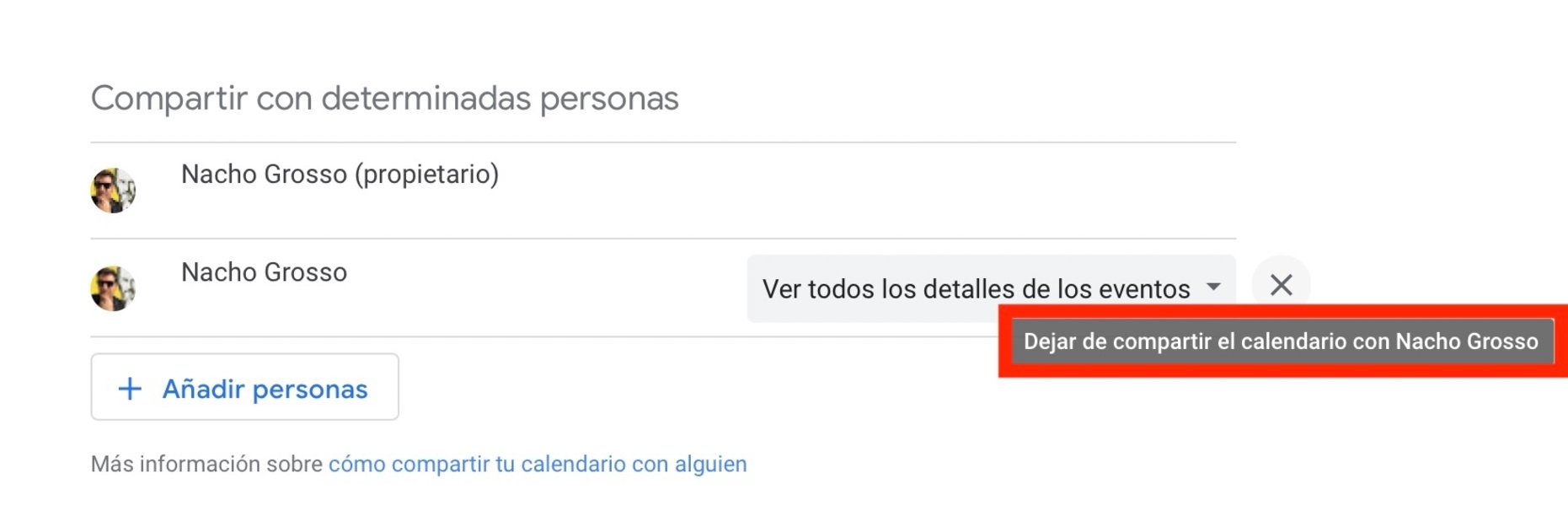 Comment partager un calendrier Google avec quelqu'un 6 Capture d'écran de cesser de partager le calendrier