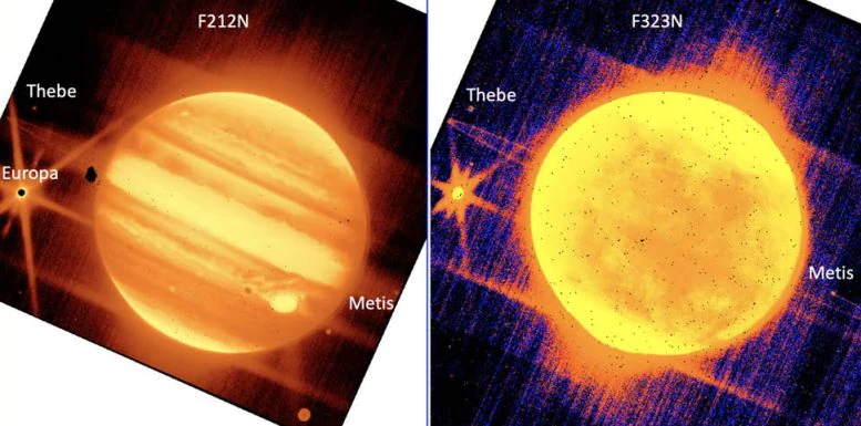 A gauche, image à courte longueur d'onde obtenue par NIRCam avec filtre F212N (2,12 µm) ;  à droite, image NIRCam à grande longueur d'onde avec filtre F323N (3,23 µm) / NASA, ESA, CSA et STScI.