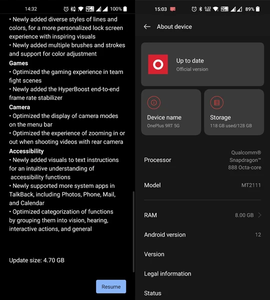 OnePlus lance la mise à jour stable d'Android 12 pour OnePlus 9RT 2 mise à jour oneplus 9rt android 12