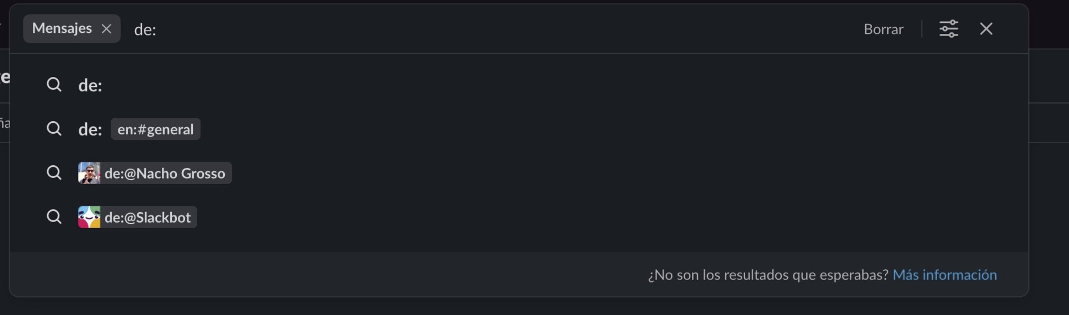 Capture d'écran de la recherche de messages sur Slack