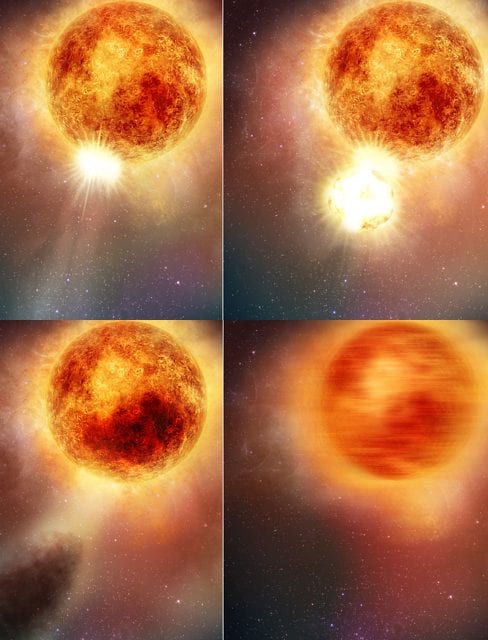 On sait enfin pourquoi l'étoile Bételgeuse s'est mystérieusement assombrie 3 Illustration de la séquence d'événements ayant conduit au black-out de Bételgeus / NASA