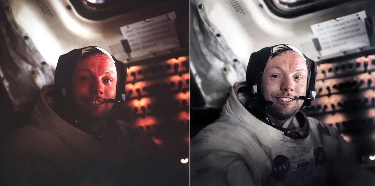 Les photos remastérisées de la mission lunaire Apollo révèlent désormais des détails comme jamais auparavant 6 L'astronaute Neil Armstong photographié par Buzz Aldrin juste après la marche sur la Lune. A gauche la photo originale et à droite la photo remastérisée. L'opération de restauration a montré à quel point les yeux d'Armstong sont rouges et larmoyants, euphoriques mais épuisés / Crédit : NASA / JSC / ASU / Andy Saunders.