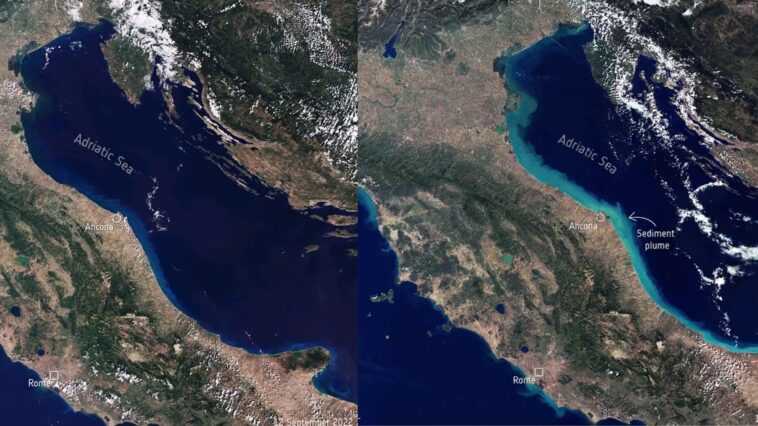 L'animation depuis l'espace montre les effets de l'inondation catastrophique dans les Marches 1 L'animation Depuis L'espace Montre Les Effets De L'inondation Catastrophique Dans