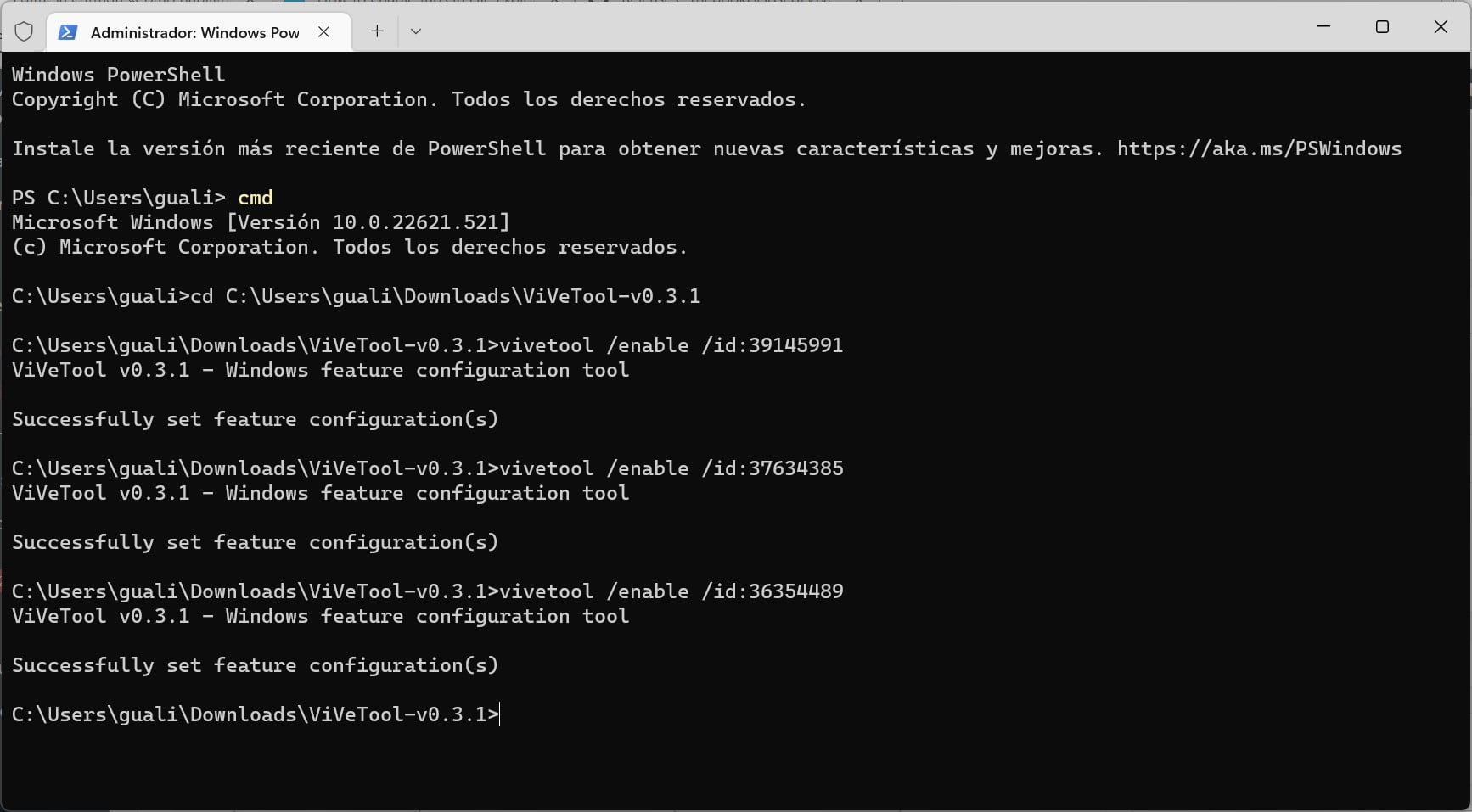 Comment activer les onglets dans l'Explorateur de fichiers dans Windows 11 22H2 3 Commandes ViveTool dans le terminal Windows 11 22H2 pour activer les onglets