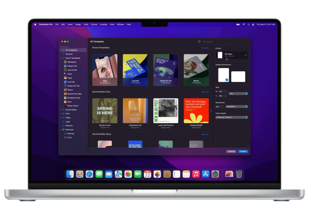 Pixelmator Pro update adds new canvas templates to easily create reusable designs and mockups La mise a jour Pixelmator Pro ajoute de nouveaux modeles