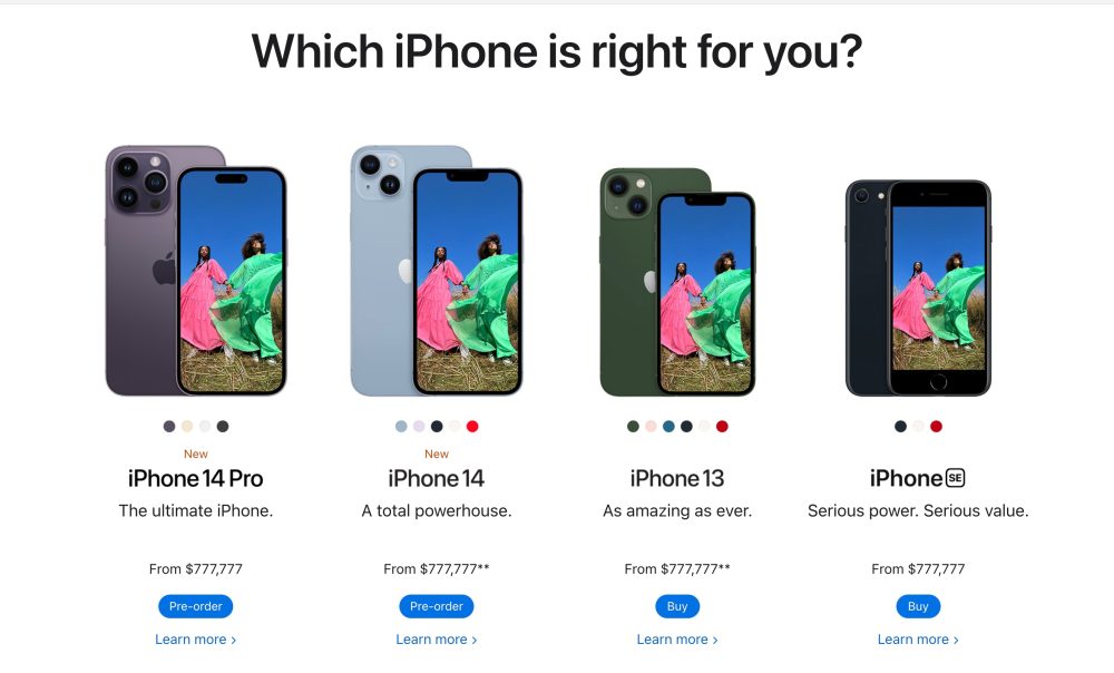 Apple website glitch sets iPhone 14 price at $777,777/mo Un probleme sur le site Web dApple fixe le