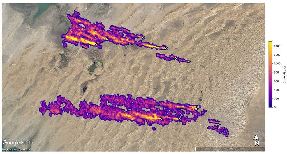 Un nouvel instrument de la NASA sur l'ISS identifie plus de 50 fuites majeures de méthane dans le monde 3 Des fuites de méthane détectées par EMIT à l'est de Hazar, au Turkménistan, une ville portuaire sur la mer Caspienne / Crédit : NASA / JPL - Caltech