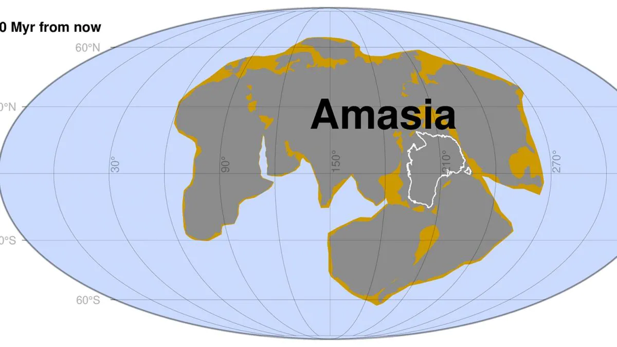 Dans 200 millions d'années naîtra Amasia, le supercontinent qui réunira peuples, frontières et cultures 2 Le supercontinent Amasia. Crédit : Université Curtin