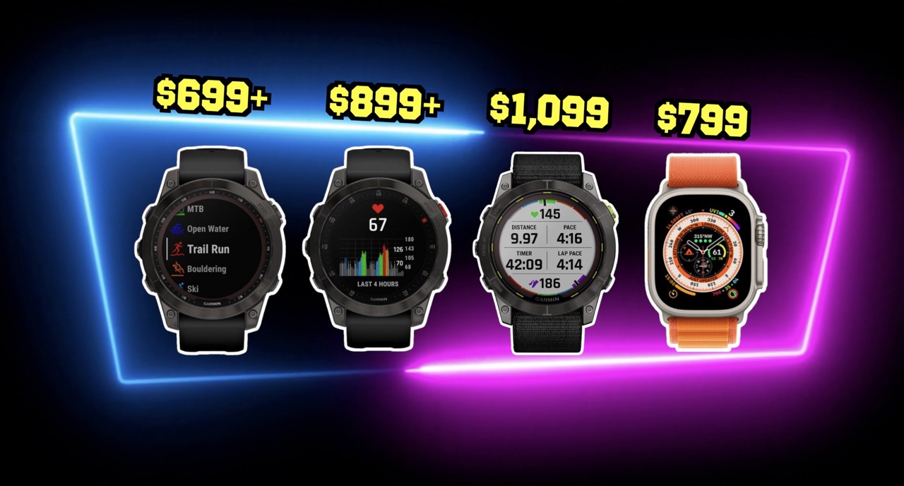 left to right: Garmin Fenix 7, Epix, Enduro 2, Apple Watch Ultra