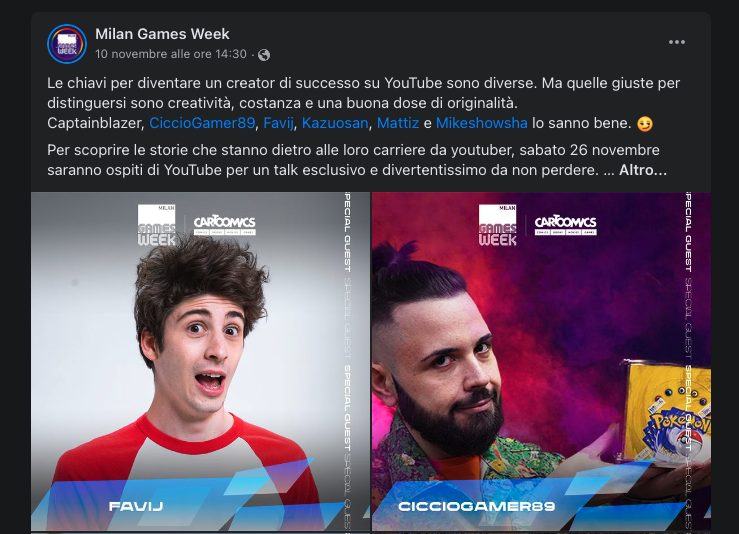 SEMAINE DES JEUX DE MILAN |  Le post publié sur Facebook depuis la page de l'événement