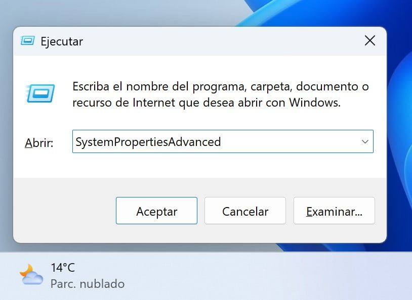 Comment supprimer des profils d'utilisateur de domaine dans Windows 10 et Windows 11 2 Capture d'écran de la boîte de dialogue Exécuter avec le texte SystemPropertiesAdvanced saisi en tant que commande