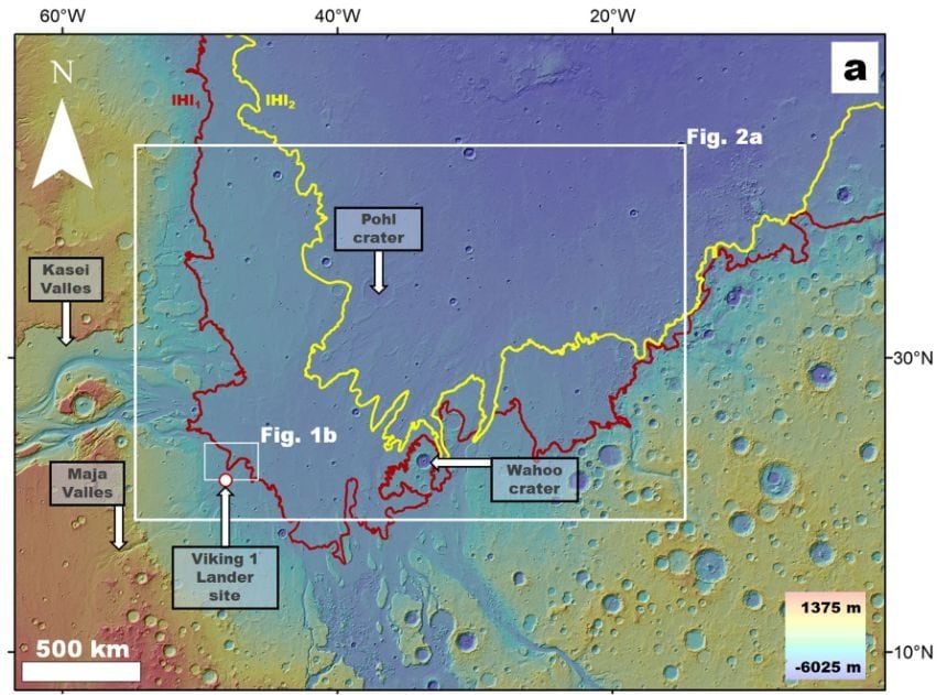 Signes d'un gigantesque tsunami avec des vagues de 200 mètres découverts sur Mars : comment est-ce possible 3 La carte du cratère et des environs touchés par le tsunami. Crédit : Rapports scientifiques