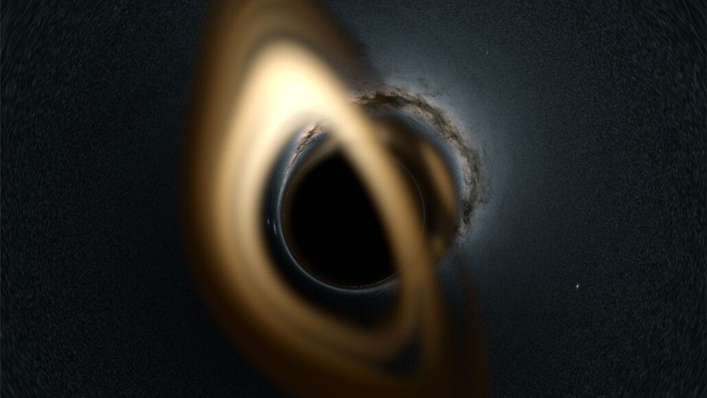 Illustration des vents stellaires d'une étoile compagne qui pourraient s'accumuler sur le trou noir Gaia BH1, lui donnant un fin halo déformé par la gravité / Crédit : GAIA/ESA, DPAC