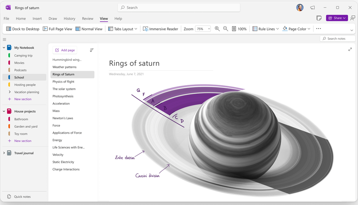 OneNote pour Windows aura une nouvelle interface début 2023 2 Capture d'écran de OneNote pour Windows avec des sections, des pages et des blocs-notes sur le côté gauche
