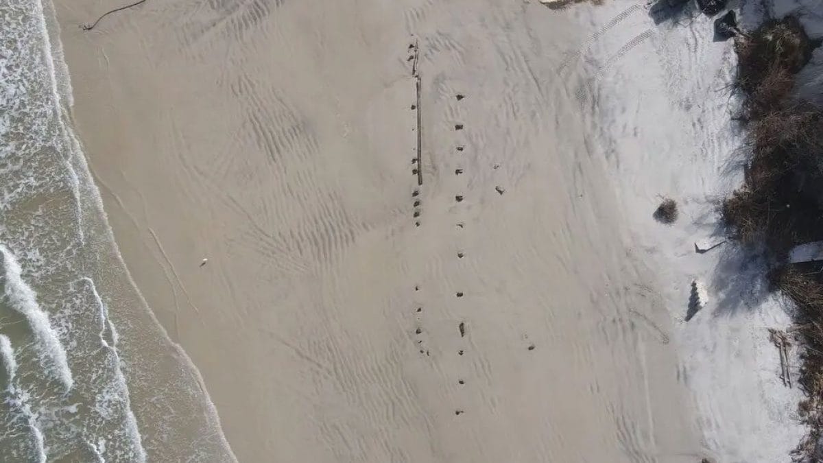 Un objet mystérieux vient d'être découvert sur une plage de Floride 2 Le long objet qui sort du sable à Daytona Beach Shores / Crédit : Comté de Volusia