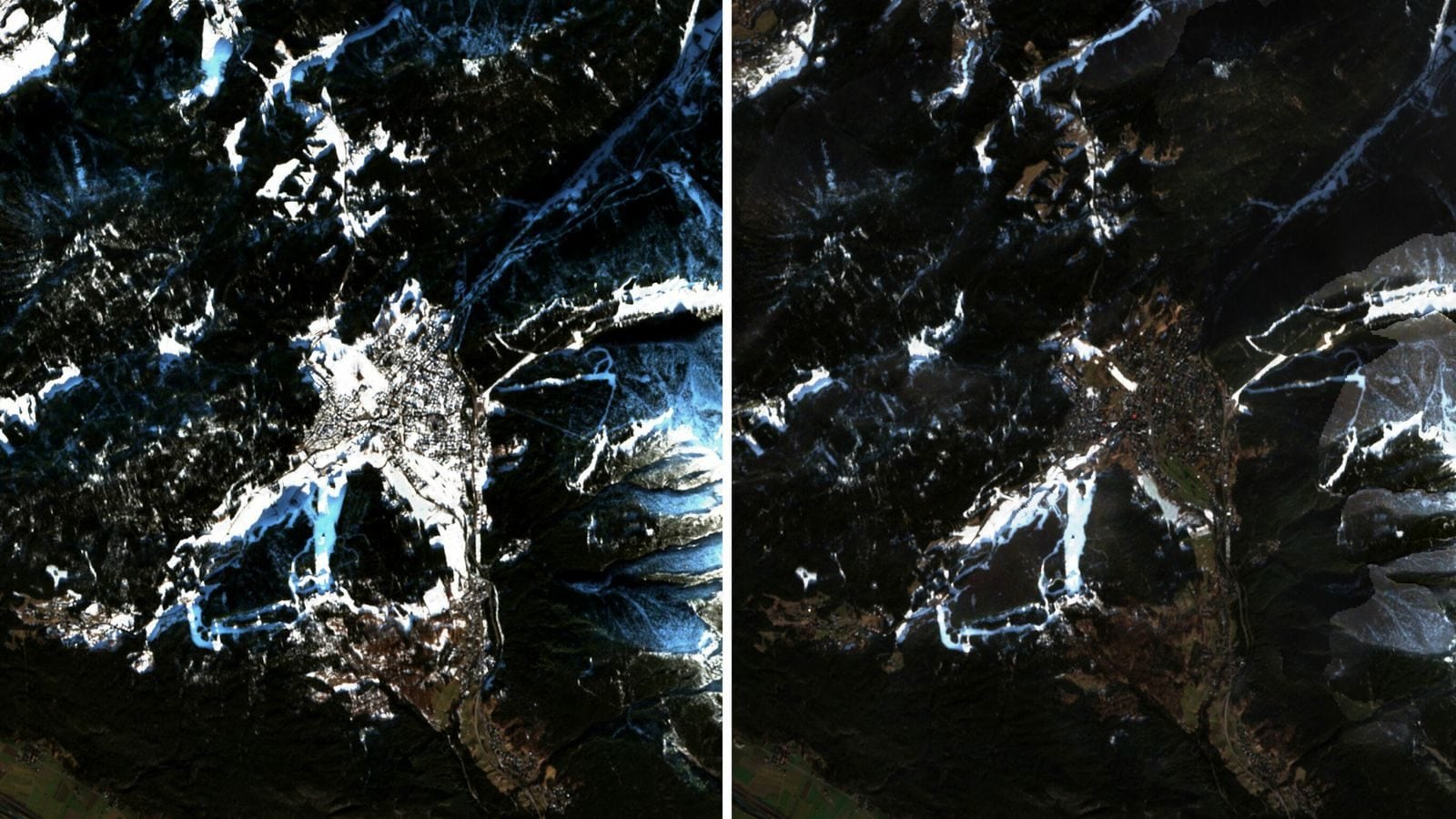 Les impressionnantes images satellites du manque de neige dans les stations de ski d'Europe 5 Les images satellites montrent Leutasch au Tyrol, dans l'ouest de l'Autriche, le jour de l'an 2021 (L) par rapport à 2022. Photo : Sentinel