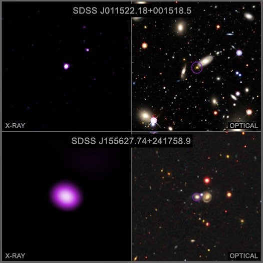 Images radiographiques (à gauche) de Chandra et images optiques de SDSS J011522.18+001518.5 et SDSS J155627.74+241758.9 / Crédit : X-ray : NASA/CXC/SAO/D.  Kim et al. ;  Optique/IR : Legacy Surveys/D.  Lang (Institut Périmètre)