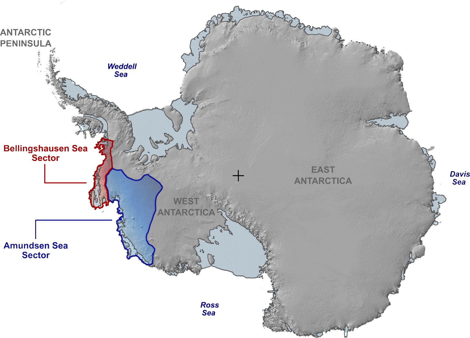 Le destin de l'Antarctique n'est pas inévitable : "La fonte des glaces peut encore être arrêtée" 3 La région de l'Antarctique occidental, qui comprend le secteur de la mer d'Amundsen (en bleu), où le rythme de retrait des glaciers a ralenti, et le secteur de la mer de Bellingshausen (en rouge), où le rythme de retrait s'est accéléré, à la fois entre 2003 et 2015. Crédit : Frazer Christie/Université de Cambridge