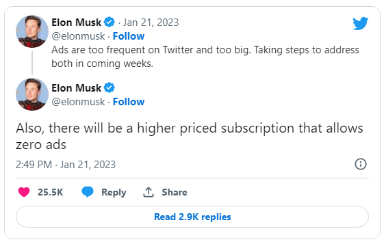 Elon Musk : Ceux qui paient plus auront Twitter sans publicité 2 Gazouillement Bleu
