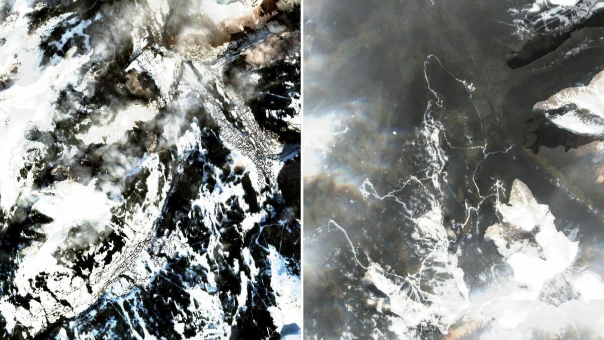 Les impressionnantes images satellites du manque de neige dans les stations de ski d'Europe 2 Les images satellites montrent Morzine dans les Alpes françaises le 30 décembre 2021 par rapport au 25 décembre 2022 / Photo : Sentinel