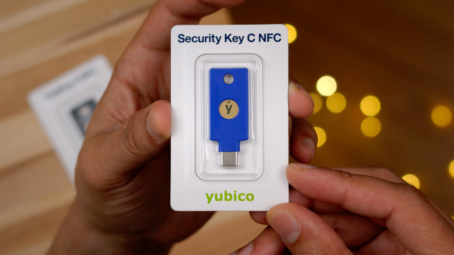 Gros plan sur l'emballage de la Yubico Security Key C NFC.