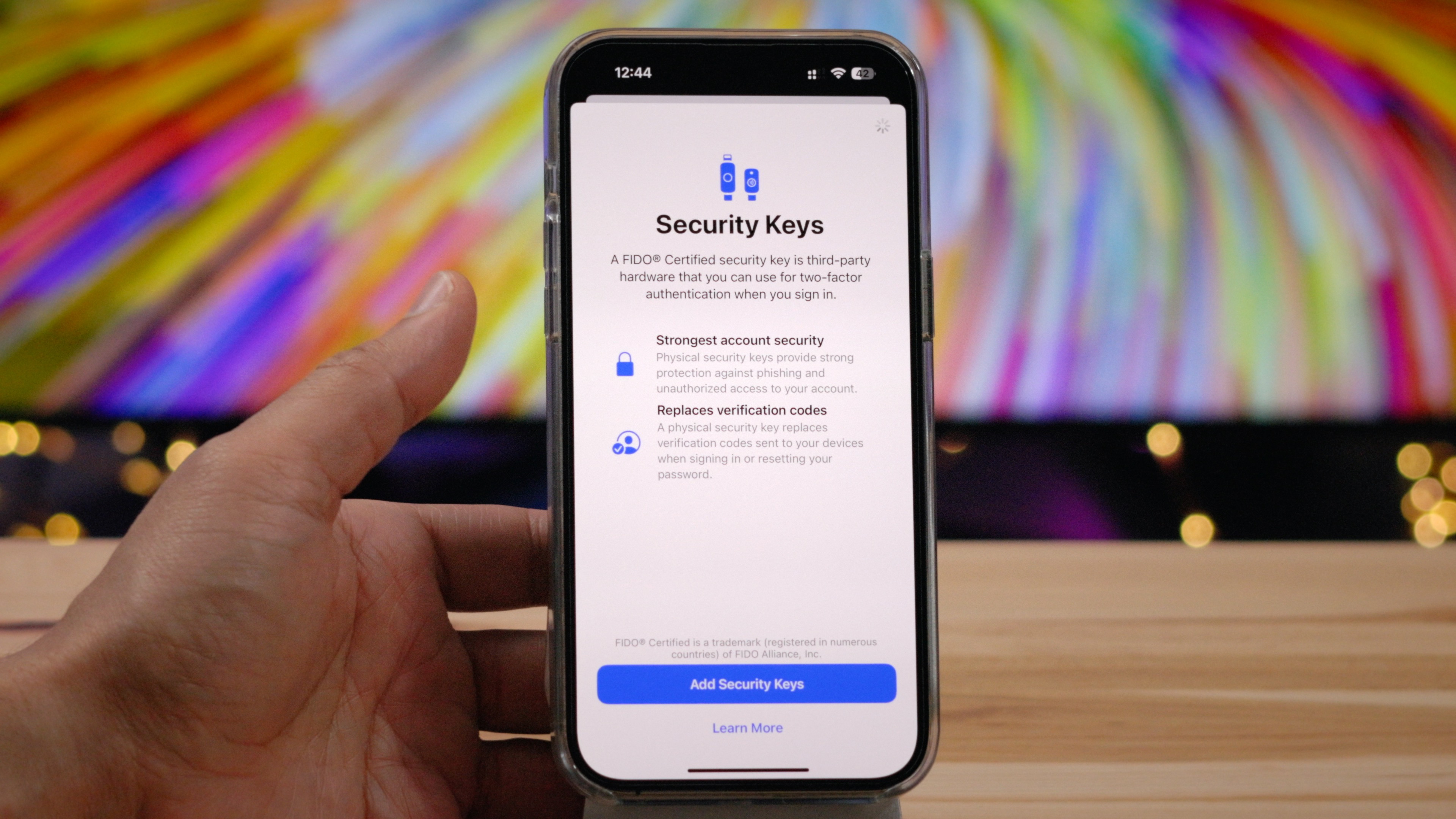 L'écran de démarrage des clés de sécurité que vous voyez initialement dans iOS 16.3 lors de la configuration d'une nouvelle clé de sécurité.