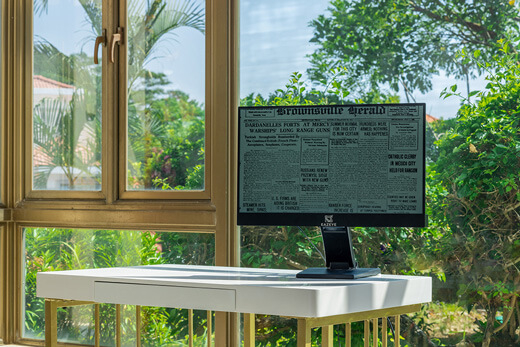 Eazeye Monitor : la lumière du soleil illumine cet écran 6 Moniteur Eazeye avec journal monochrome