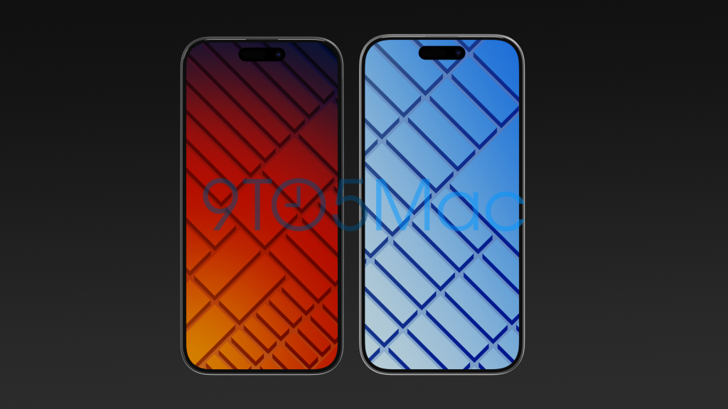 Exclusif : les CAO de l'iPhone 15 révèlent un écran plus grand de 6,2 pouces, Dynamic Island, etc. 4 iPhone 15 Pro à côté de l'iPhone 15, avec des fonds d'écran