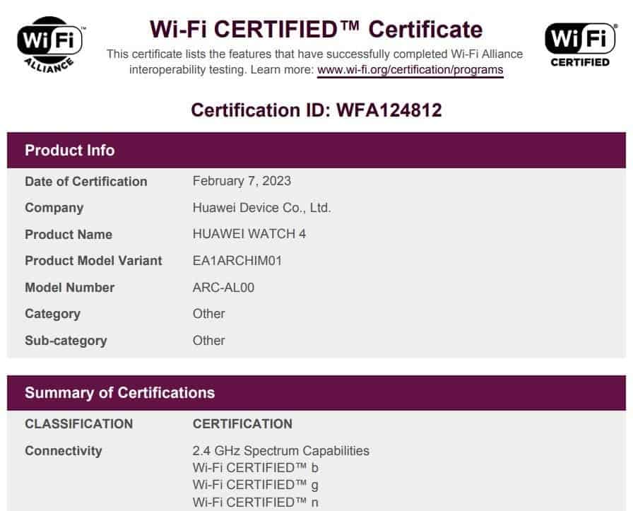 Les nouvelles smartwatches de Huawei fuient avant la révélation officielle 3 Huawei-Watch-4-certificat-Wifi
