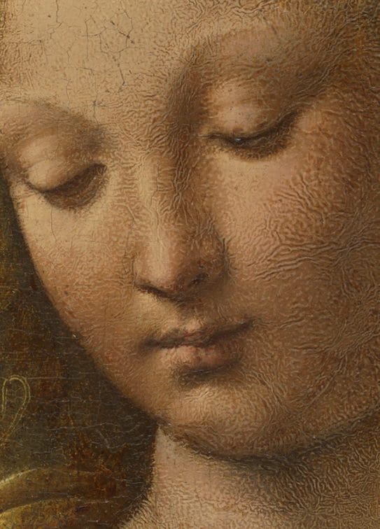 Les peintures de Léonard de Vinci cachent un ingrédient secret 3 Détail du visage de Marie montrant le plissement de la peinture dans Madonna del Carnation de Léonard de Vinci (Crédit : Collections de peinture de l'État bavarois, Munich).